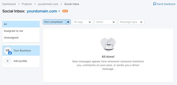 Panel de control Social Inbox de Semrush
