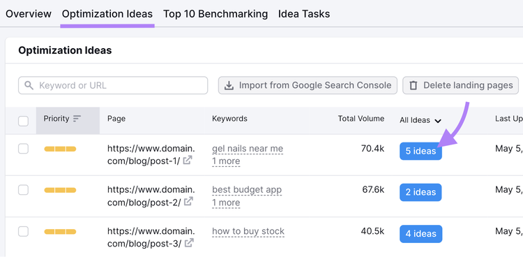 Pestaña "Ideas de optimización" en la herramienta Comprobador SEO en página
