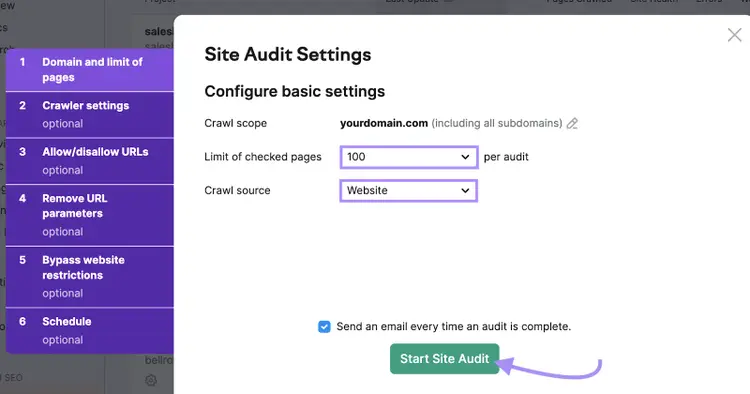 Configuración de la herramienta Auditoría del Sitio