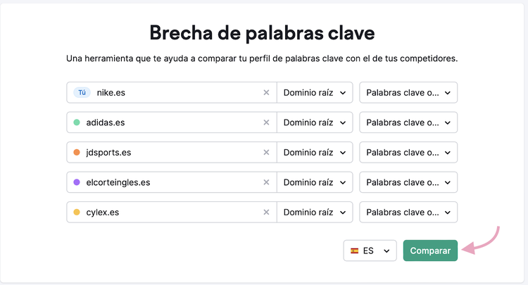 La herramienta Brecha de palabras clave de Semrush puede descubrir las long-tail de tu competencia.