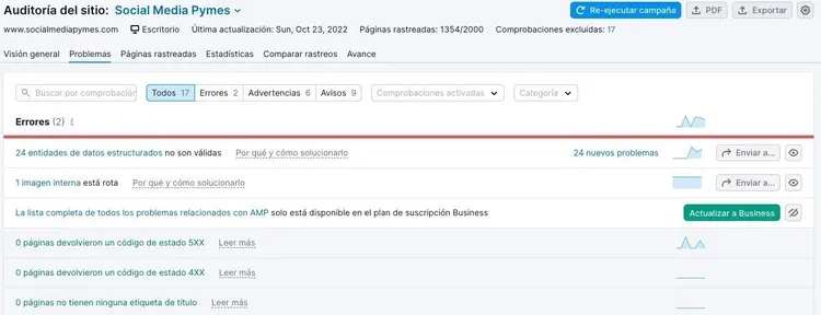 Site Audit mostrador problemas indexación con estadísticas páginas rastreadas y excluidas