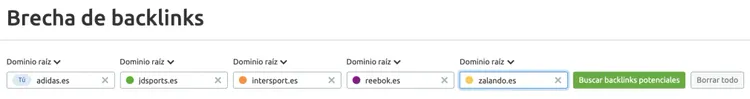 Brecha de backlinks: interfaz para añadir dominios a analizar y comparar