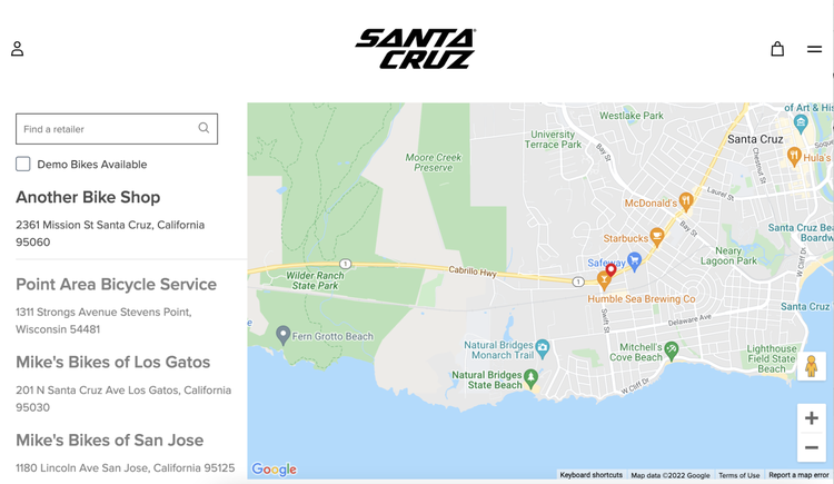 Página localizador Santa Cruz mostrando mapa con tiendas distribuidoras en California