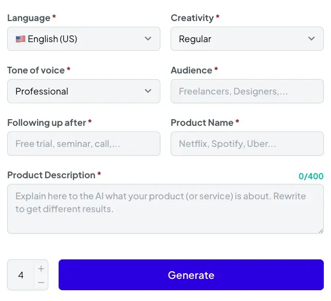 Campos "Lenguaje", "Creatividad", "Tono de voz", "Público", "Seguimiento posterior", "Nombre del producto" y "Descripción del producto" en el Asistente de Redacción AI