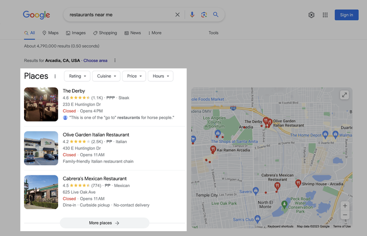 Resultados de Google Map Pack para "restaurantes cerca de mí"