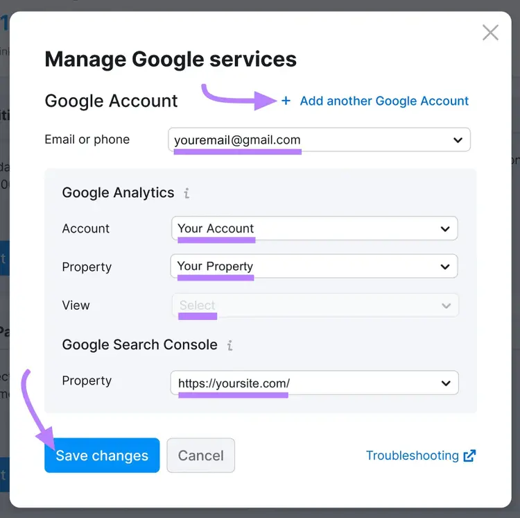 "Cuadro de diálogo "Administrar servicios de Google