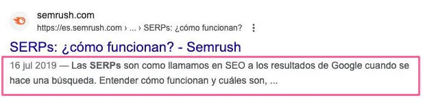 Semrush SERP artículo SERPs ¿cómo funcionan? con descripción completa en snippet