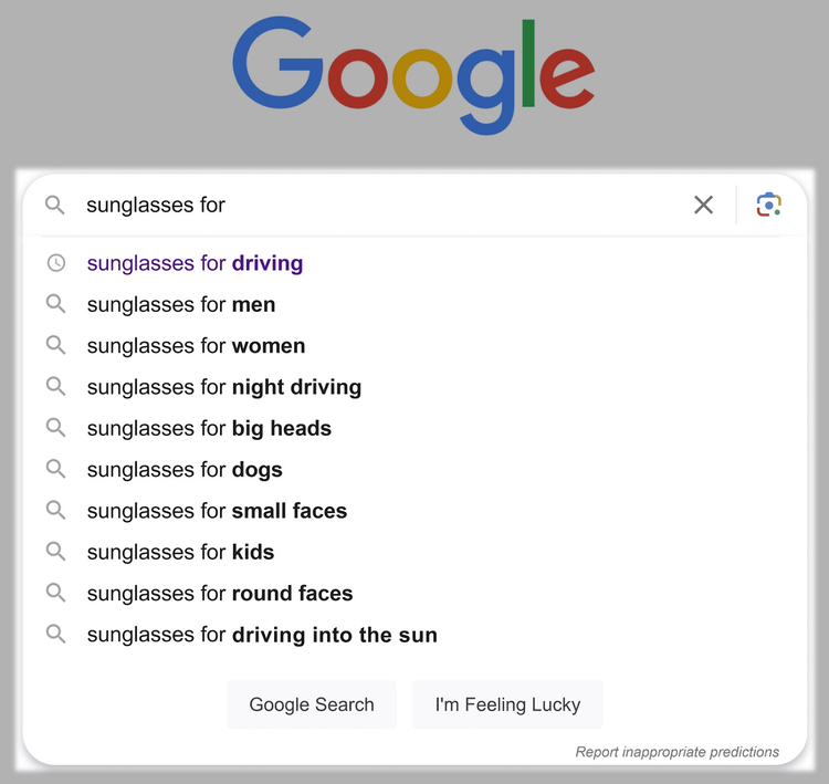 Sugerencias de autocompletar de Google al escribir "gafas de sol para" en la barra de búsqueda