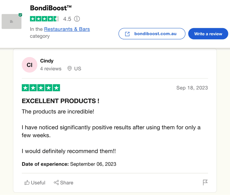 Evaluación de BondiBoost en Trustpilot