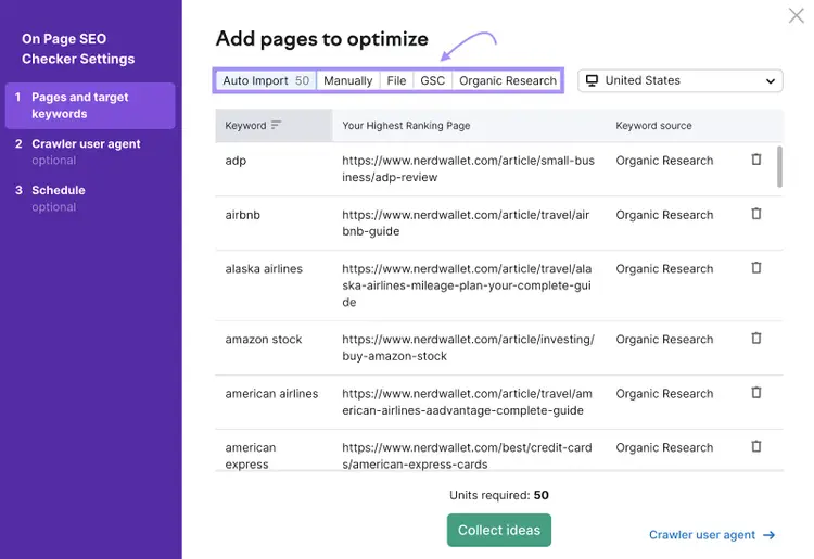 Ventana "Añadir páginas para optimizar" en la Configuración del Comprobador SEO On Page