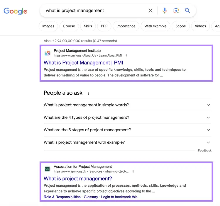 Resultados de la búsqueda orgánica en Google para la consulta "¿qué es la gestión de proyectos?