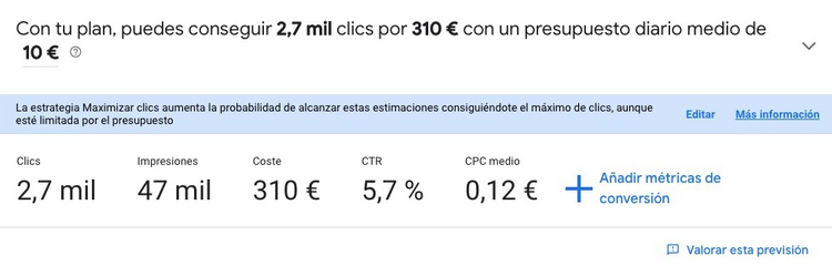 Interfaz de previsión del plan mostrando presupuesto y configuración por país