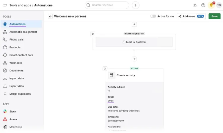 Pestaña "Automatizaciones" de Pipedrive