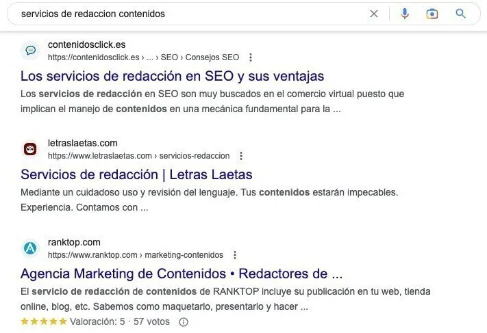 Resultados búsqueda Google servicios redacción contenidos con múltiples listados