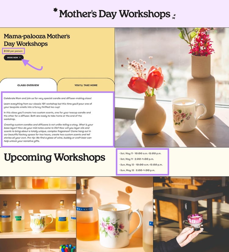 Detalles de los talleres del Día de la Madre junto con jarrones de flores rosas, tazas de bebidas calientes y manualidades.