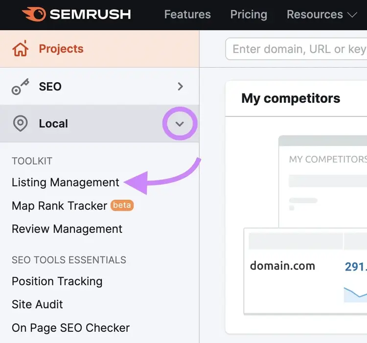"Gestión de listados" seleccionado en "SEO local" del menú de Semrush