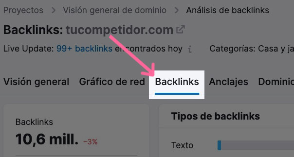 Reporte de backlinks de Semrush para tucompetidor.com mostrando 10.6 millones de backlinks