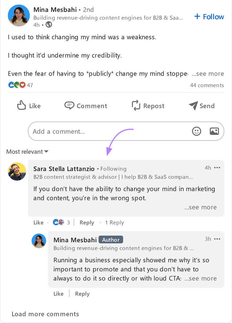 ejemplo de una publicación en LinkedIn de Mina Mesbahi con un comentario de otro usuario