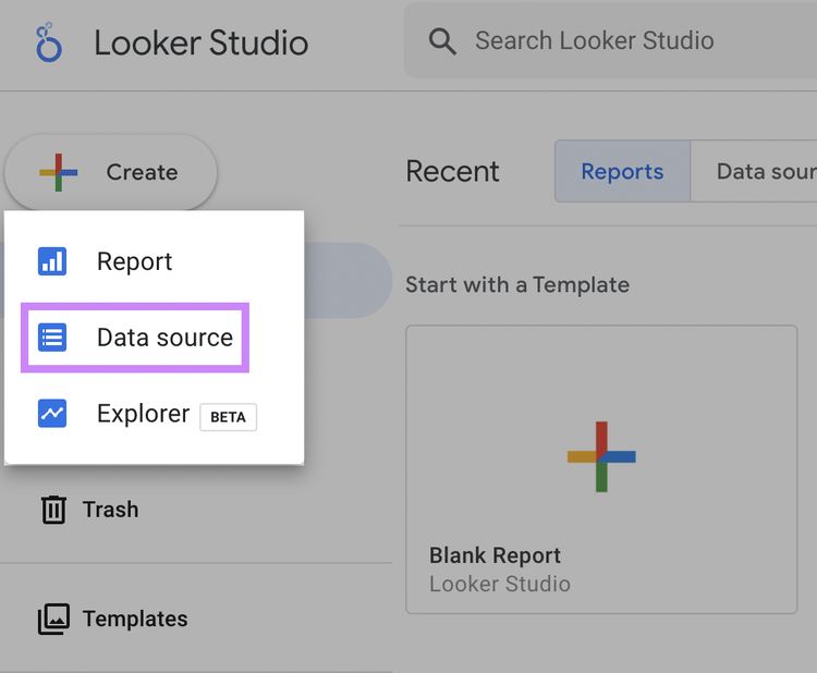 Crear fuente de "datos" desde la página de inicio de Looker Studio