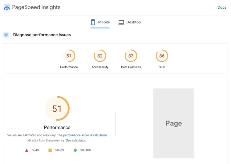 Resumen de las áreas principales de PageSpeed Insights