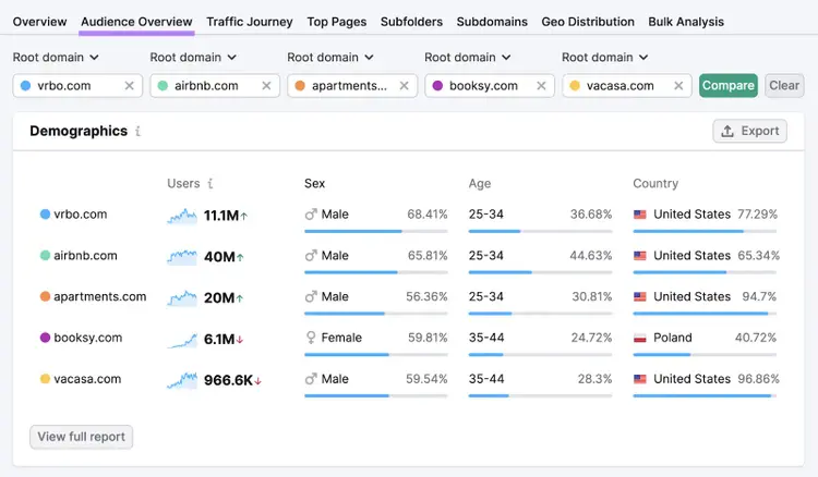 Pestaña "Visión general de la audiencia" en Traffic Analytics