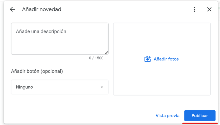 Google Business Posts descripción botón opcional vista previa publicar