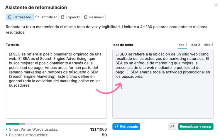 Herramienta reformulación de texto para reescribir contenido automáticamente