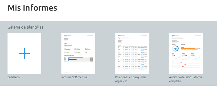 Galería plantillas Mis Informes con opciones informe SEO y auditoría