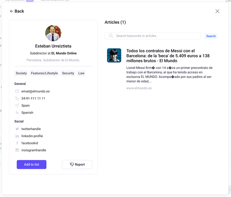 Perfil de contacto Esteban Urrelzieta con email, teléfono y redes sociales