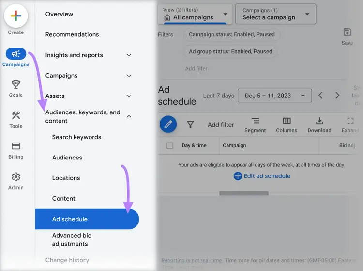 Programación de anuncios en la barra lateral de Google Ads