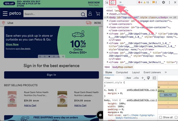 DevTools Chrome mostrando código HTML de página web Petco