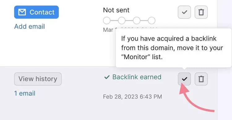 Sección Backlink ganado en la pestaña Monitor