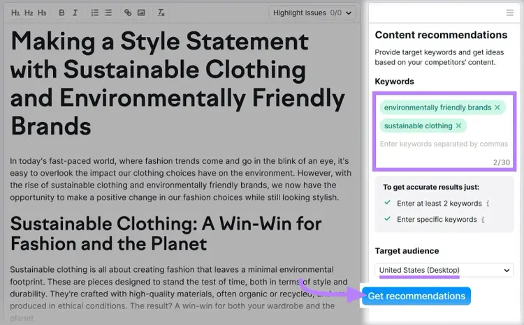 Contenido y palabras clave: "marcas respetuosas con el medio ambiente" y "ropa sostenible" añadidas al editor Asistente de Redacción SEO
