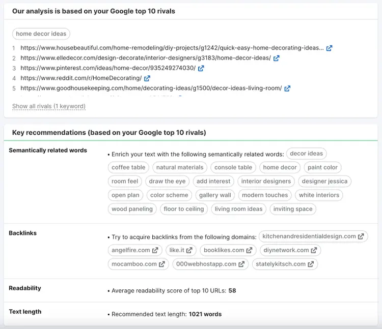Página de resultados de la plantilla de contenido SEO para "ideas de decoración para el hogar"