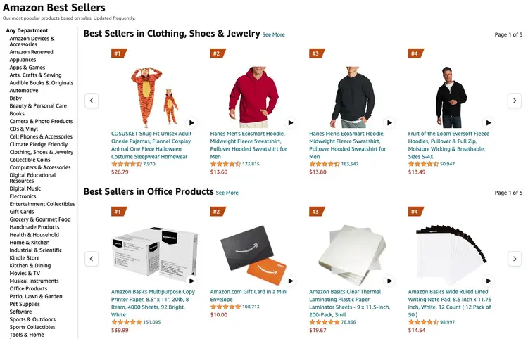 Página de los más vendidos de Amazon
