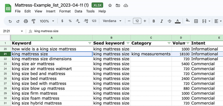 Columna de categoría en hoja excel
