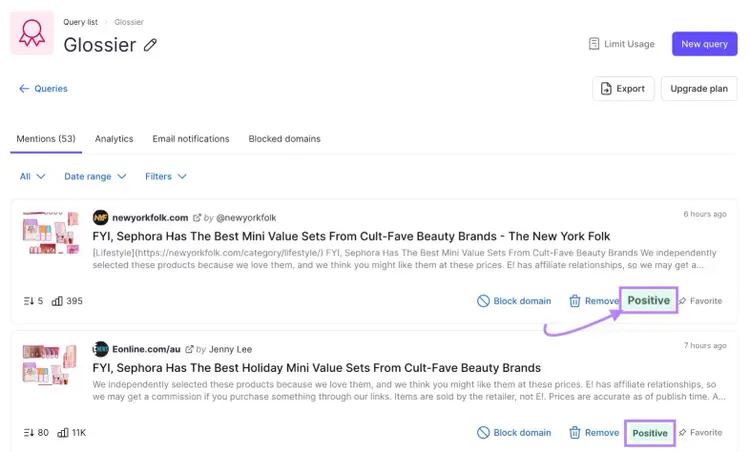 Informe "Menciones" para Glossier en la herramienta Brand Monitoring