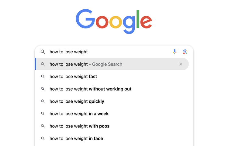 El autocompletado para la búsqueda en google "cómo adelgazar" ofrece palabras clave relacionadas como cómo adelgazar rápido, cómo adelgazar sin hacer ejercicio, cómo adelgazar en la cara, etc.
