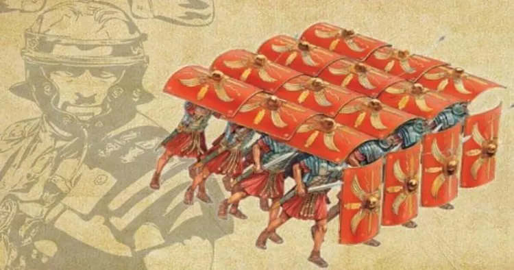 Ilustración: soldados romanos en formación tortuga con escudos