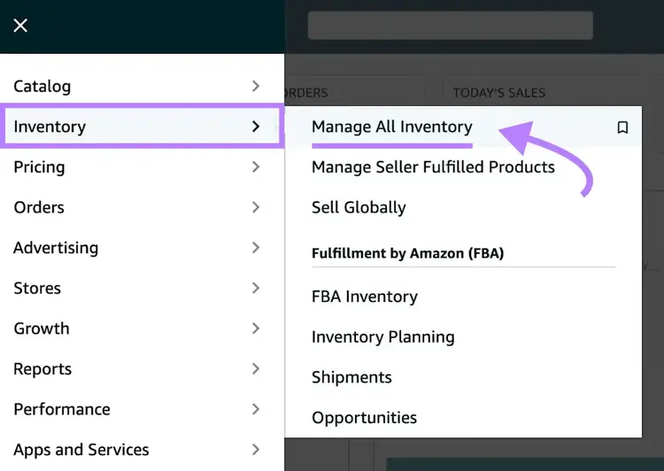 "Gestionar todo el inventario" seleccionado en el menú de Amazon Seller Central