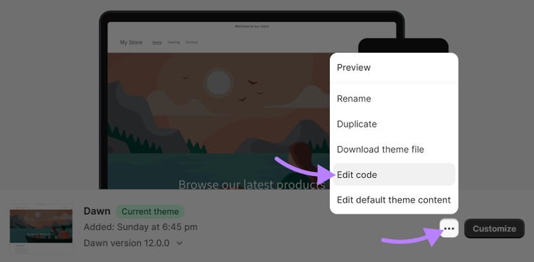 Edita el código en el modal de tu tema en el panel de administración de Shopify