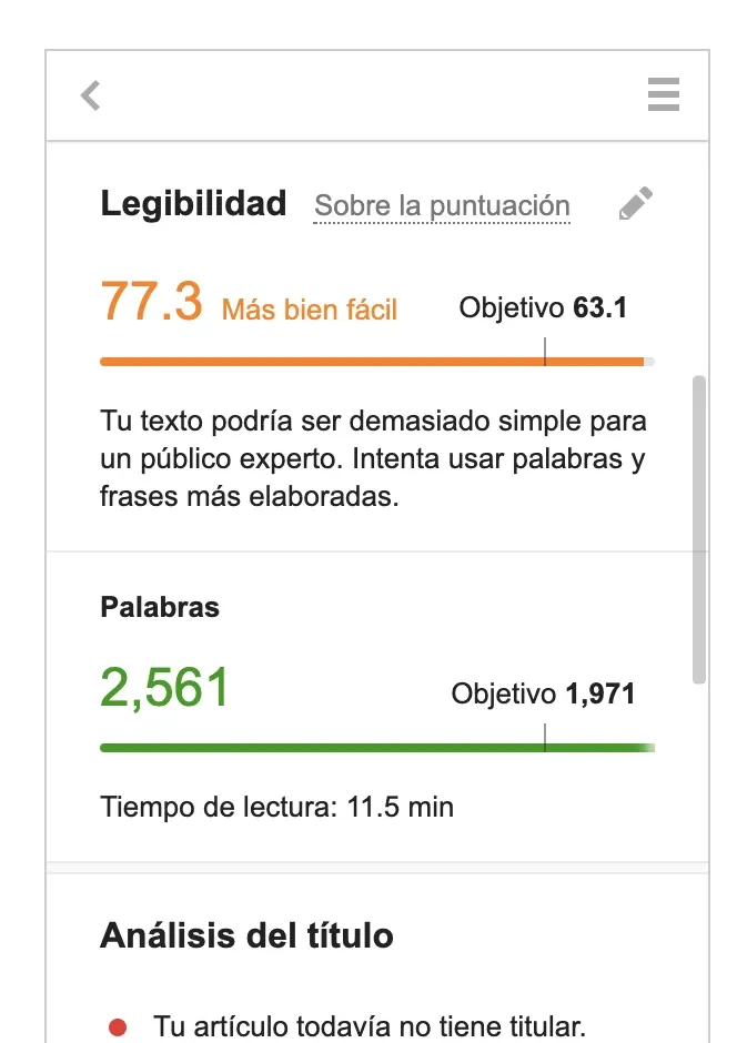 Sección SEO Writing Assistant palabra clave objetivo