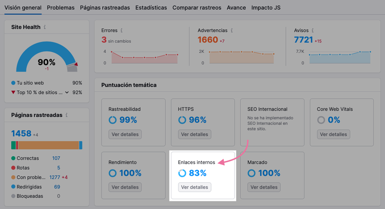 Informe de enlaces internos en Auditoría del sitio