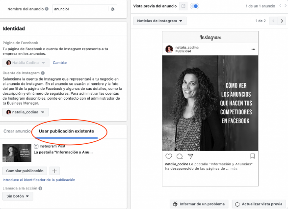 Instagram ads - Usar publicación existente