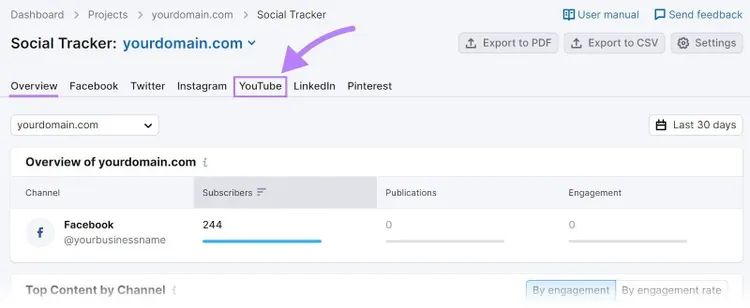 Pestaña YouTube en la herramienta Social Tracker