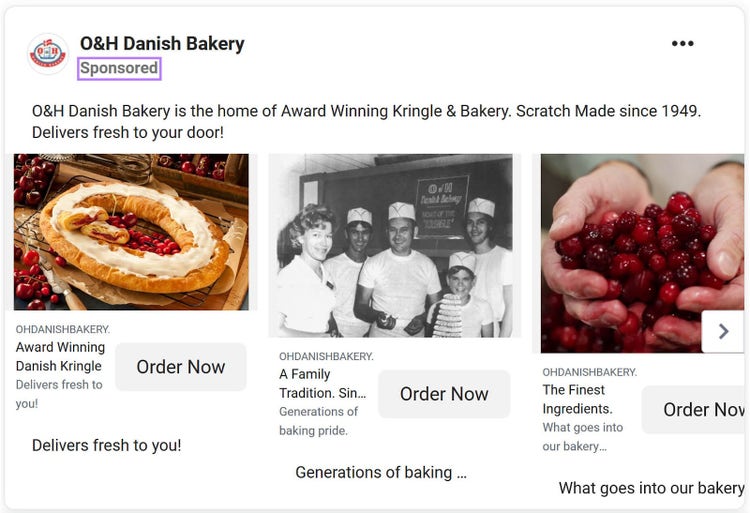 O&Anuncios en redes sociales de la Panadería Danesa H en Facebook