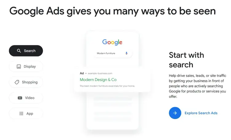 "Los anuncios de Google te ofrecen muchas formas de ser visto" página de destino