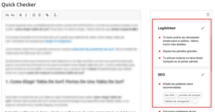 Quick Checker herramienta puntuación legibilidad