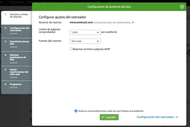 Semrush Site Audit configuración rastreo antenna3.com límite páginas
