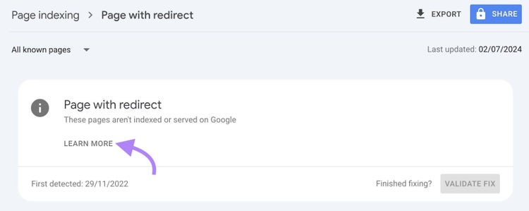 Se hizo clic en "Más información" debajo de "Página con redireccionamiento" en "Indexación de páginas" en Google Search Console.